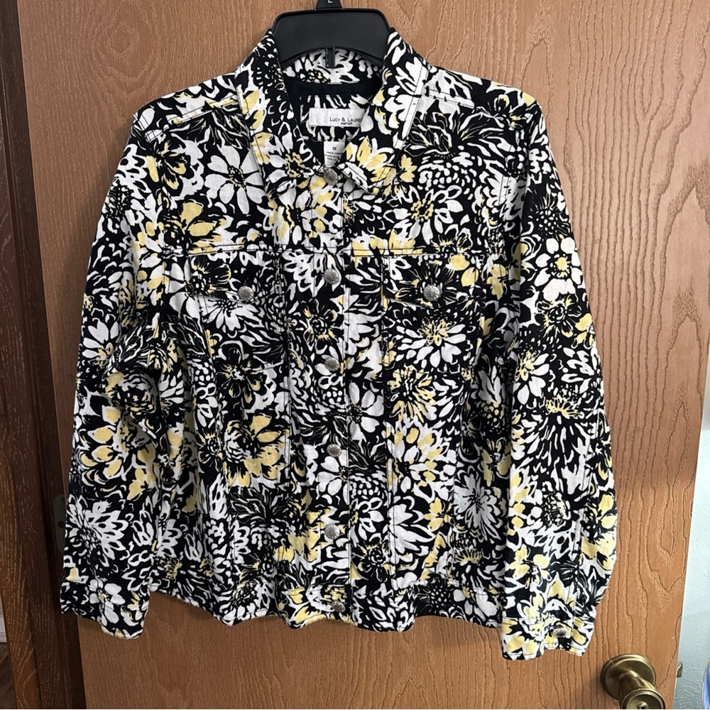 Lucy & Laurel Jacket 1X 100% Linen Floral Print Button Front Long Sleeve